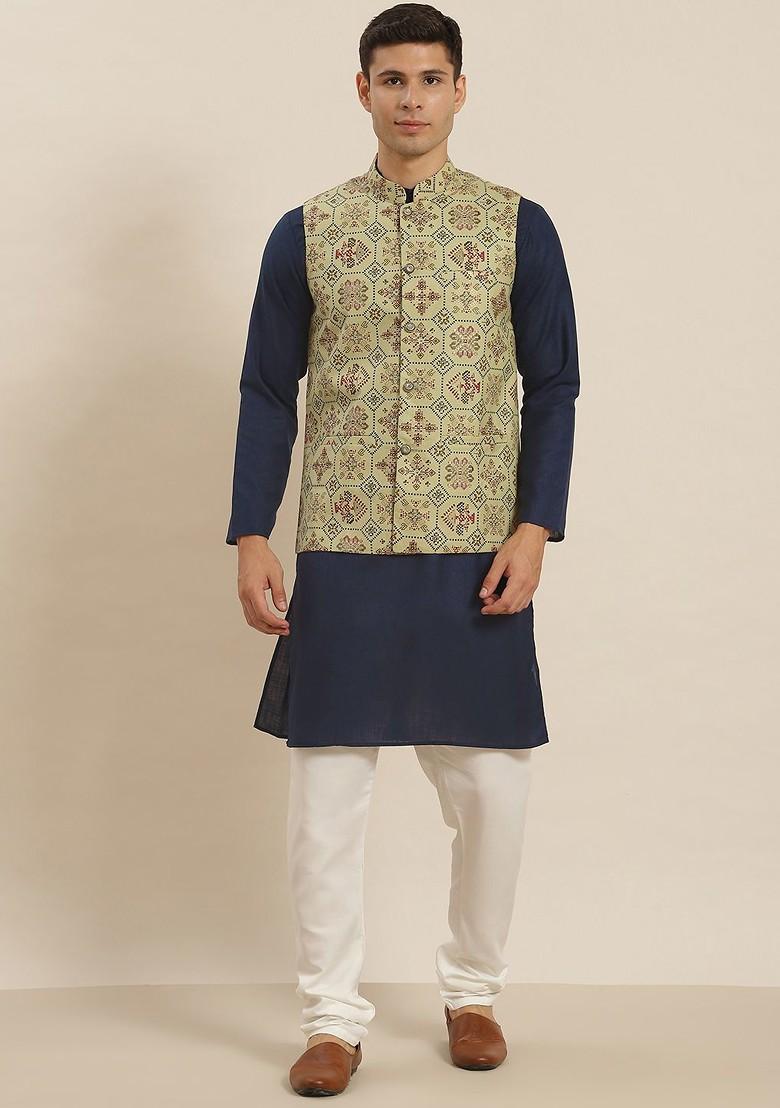 Navy Blue Solid Cotton Kurta Set For Men