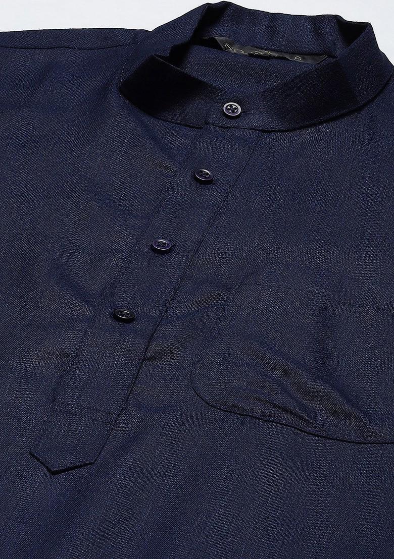 Navy Blue Solid Cotton Kurta Set For Men