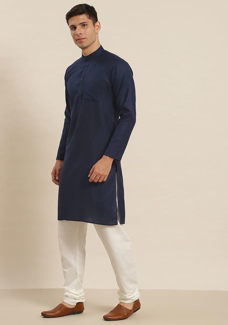 Navy Blue Solid Cotton Kurta Set For Men