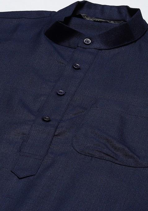 Navy Blue Solid Cotton Kurta Set For Men