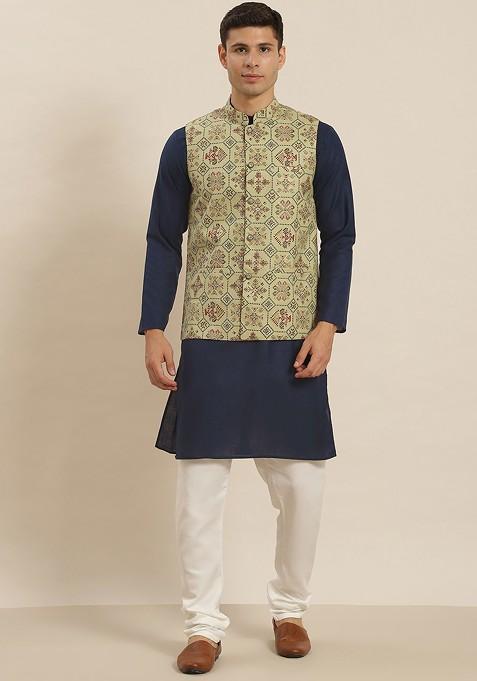 Navy Blue Solid Cotton Kurta Set For Men