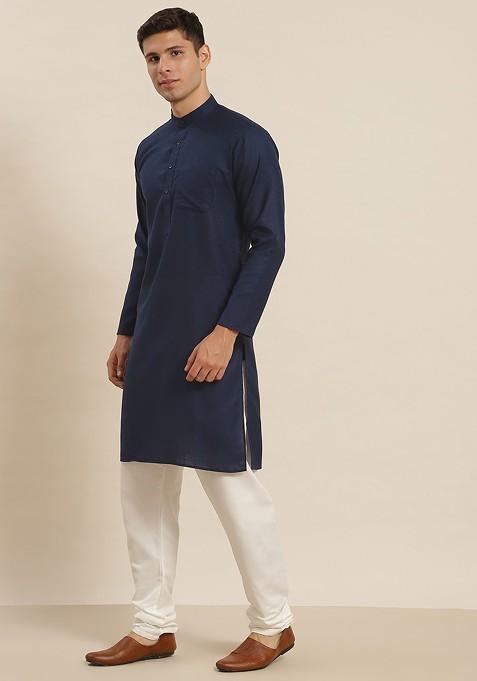 Navy Blue Solid Cotton Kurta Set For Men