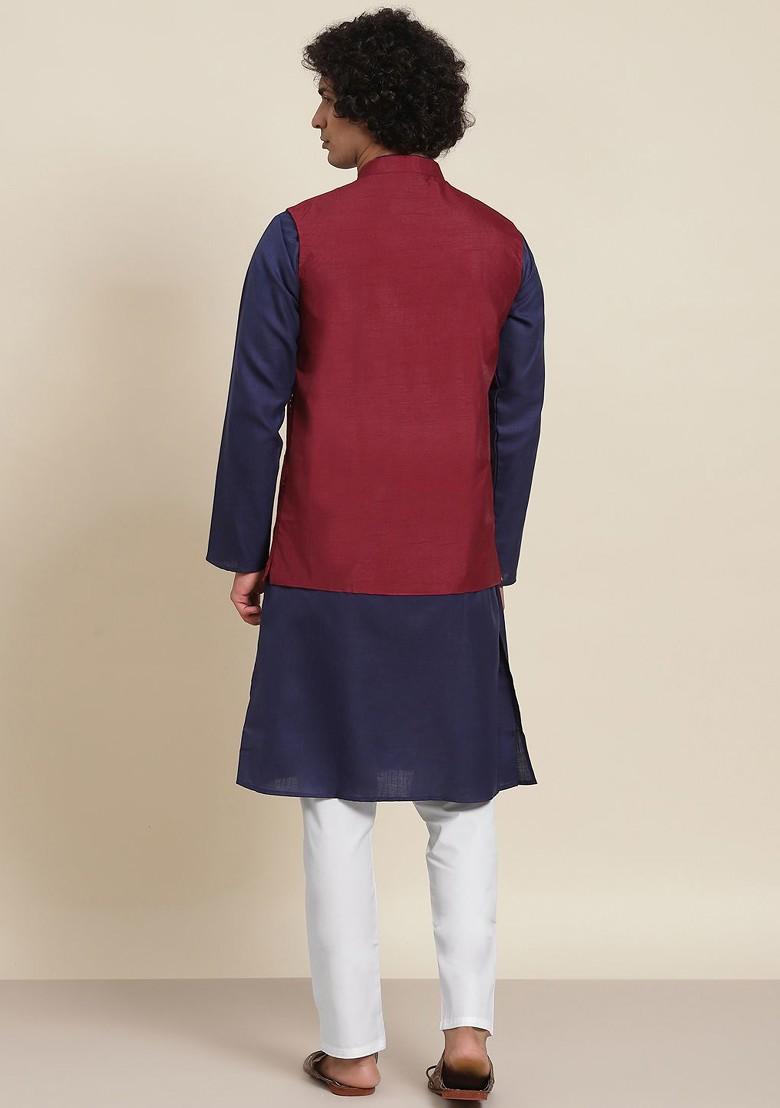 Navy Blue Solid Cotton Kurta Set For Men