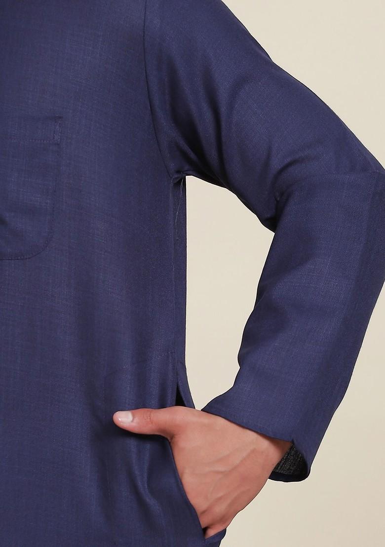 Navy Blue Solid Cotton Kurta Set For Men