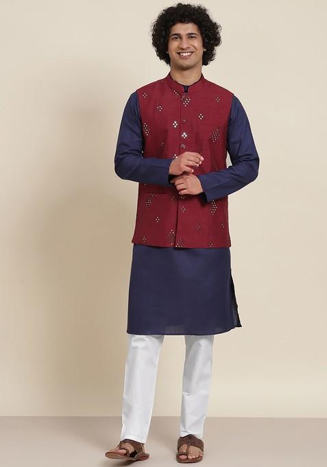 Navy Blue Solid Cotton Kurta Set For Men