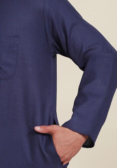 Navy Blue Solid Cotton Kurta Set For Men