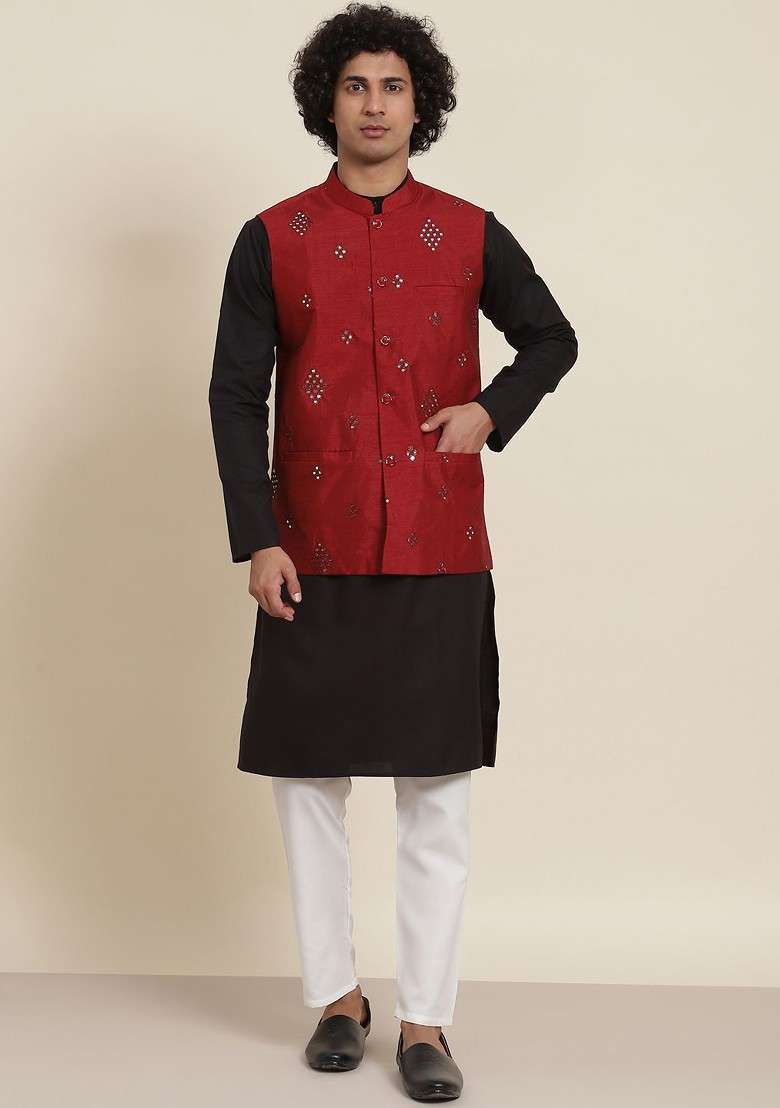 Black Solid Cotton Kurta Set For Men - Indya