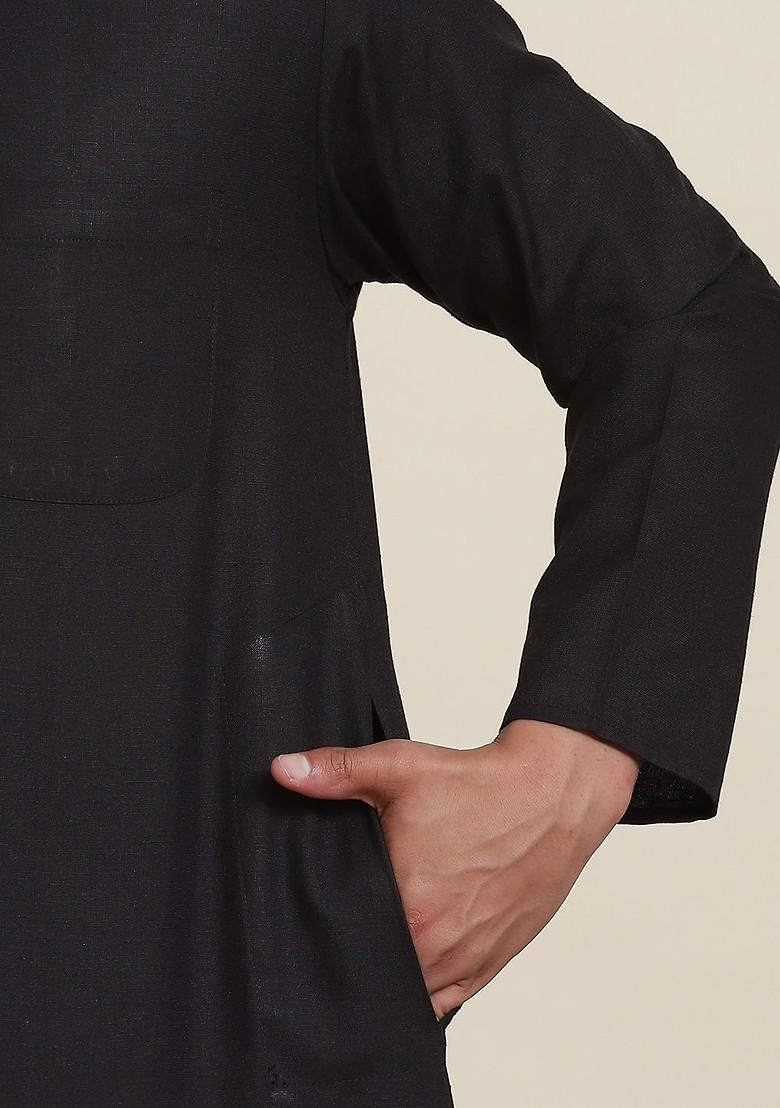 Black Solid Cotton Kurta Set For Men