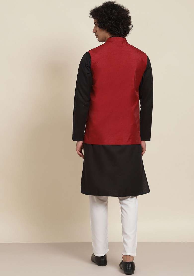 Black Solid Cotton Kurta Set For Men - Indya