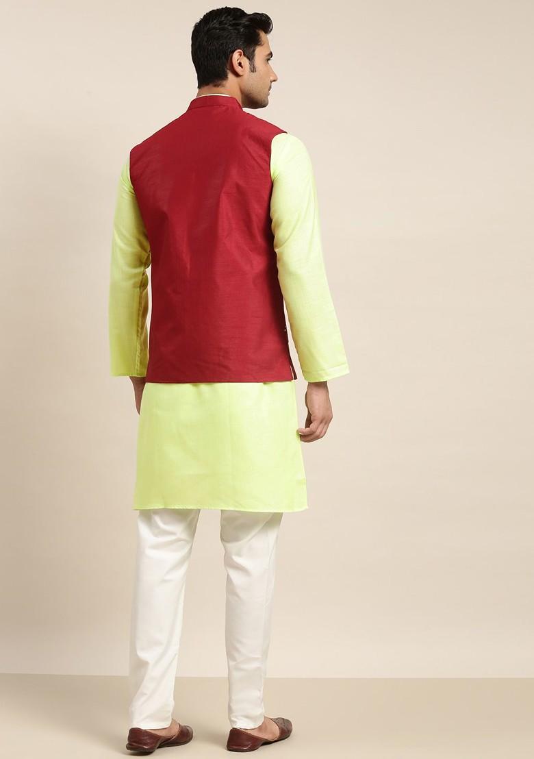 Green Mirror Work Cotton Kurta Set For Men
