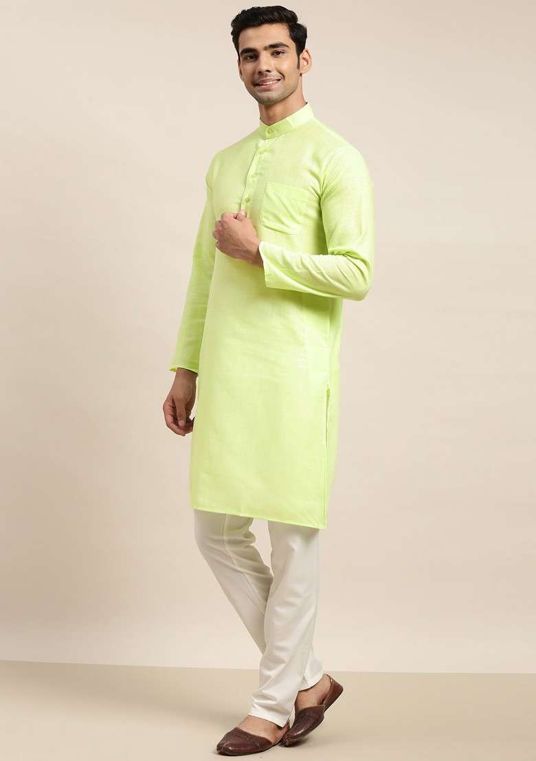 Green Mirror Work Cotton Kurta Set For Men - Indya