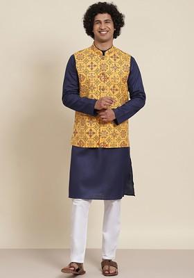 Blue Solid Cotton Kurta Set For Men