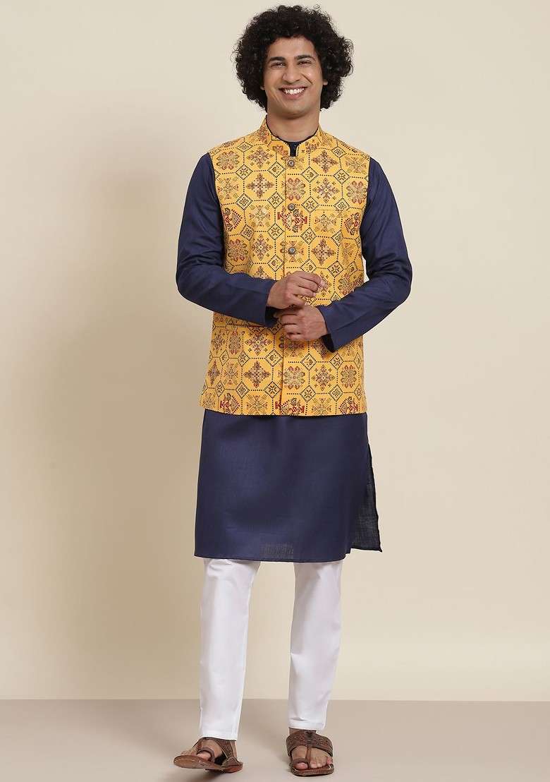 Blue Solid Cotton Kurta Set For Men - Indya