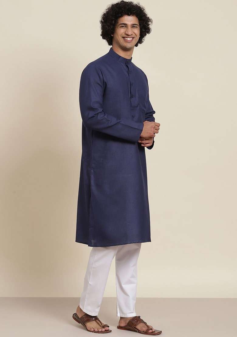Blue Solid Cotton Kurta Set For Men - Indya