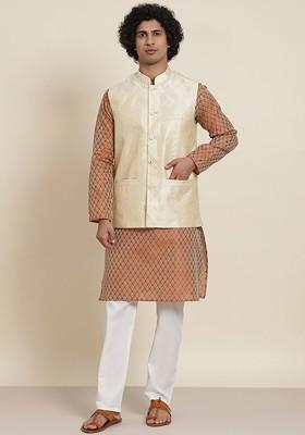 Orange Ethnic Motifs Poly Blend Kurta Set For Men