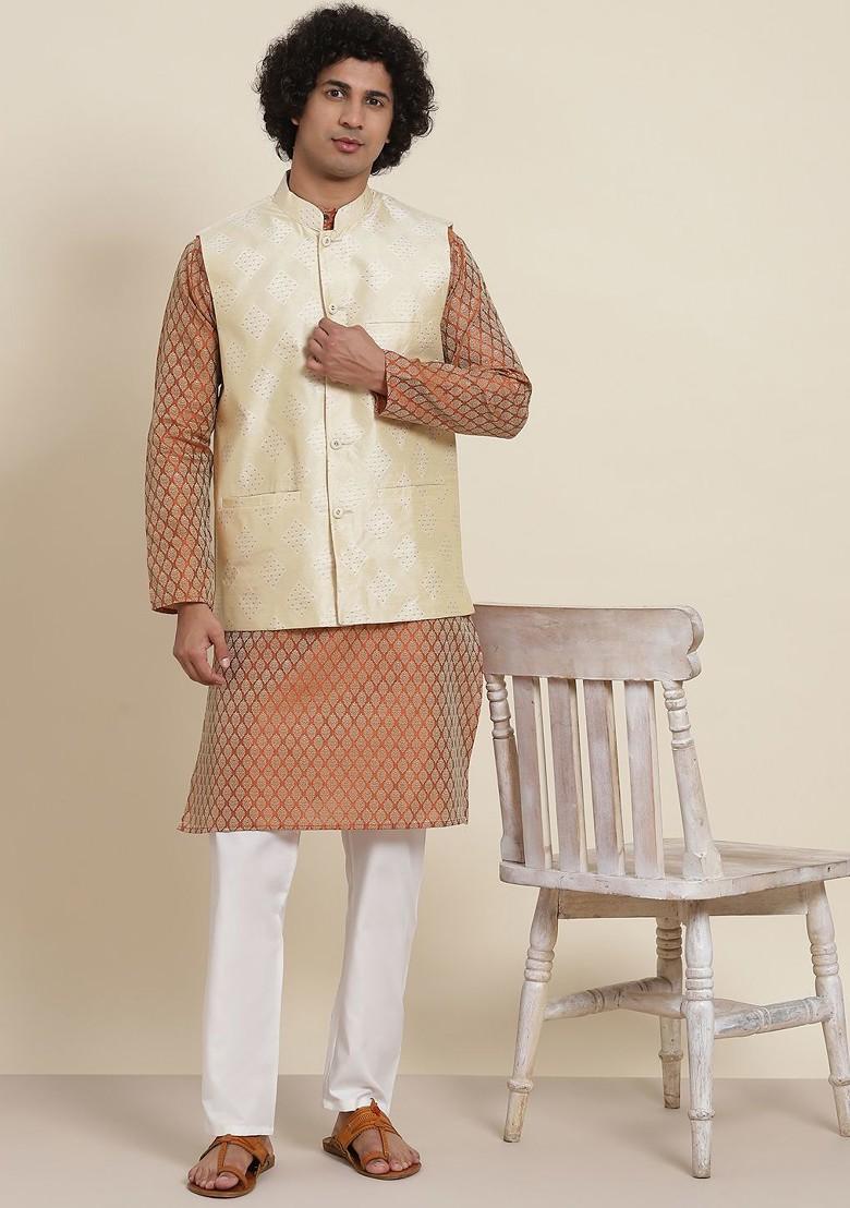 Orange Ethnic Motifs Poly Blend Kurta Set For Men