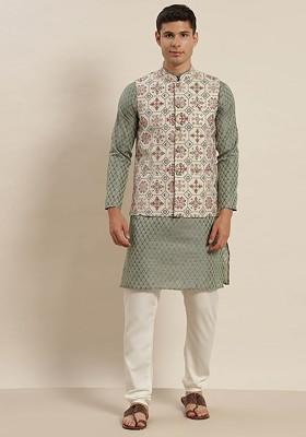 Teal Blue Ethnic Motifs Poly Blend Kurta Set For Men