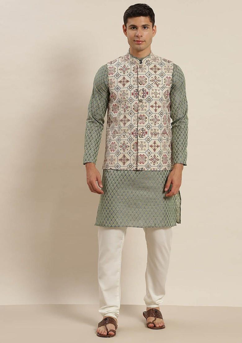 Teal Blue Ethnic Motifs Poly Blend Kurta Set For Men
