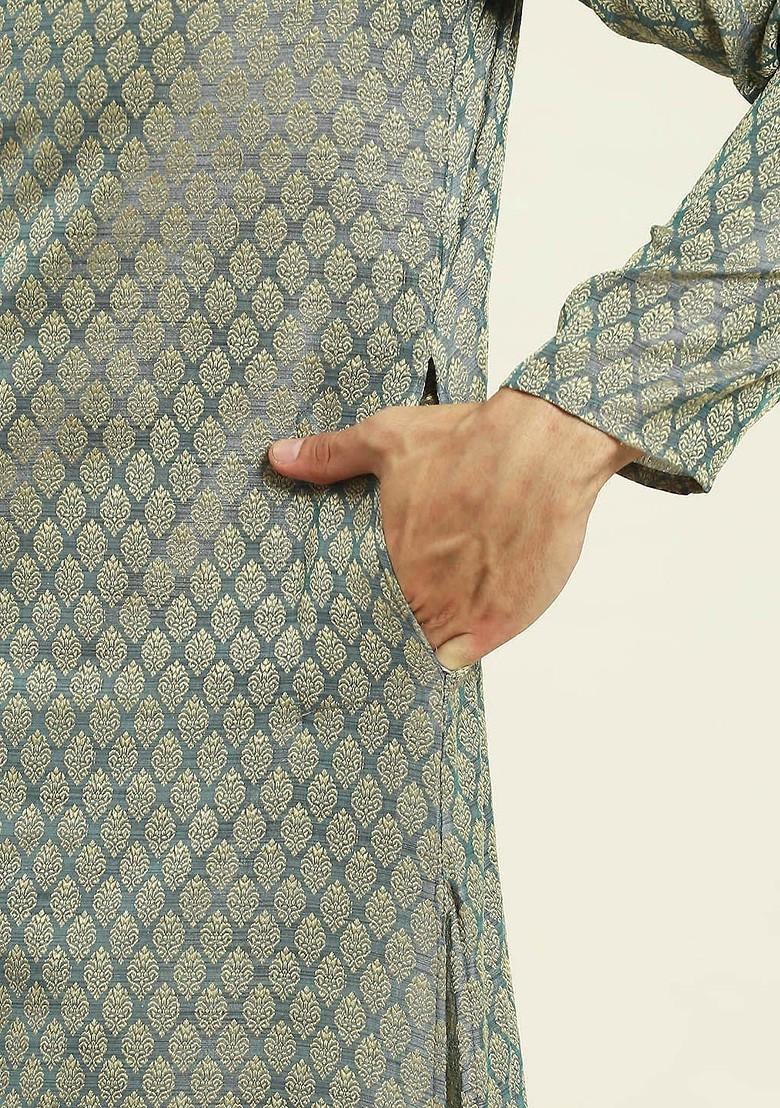 Teal Blue Ethnic Motifs Poly Blend Kurta Set For Men