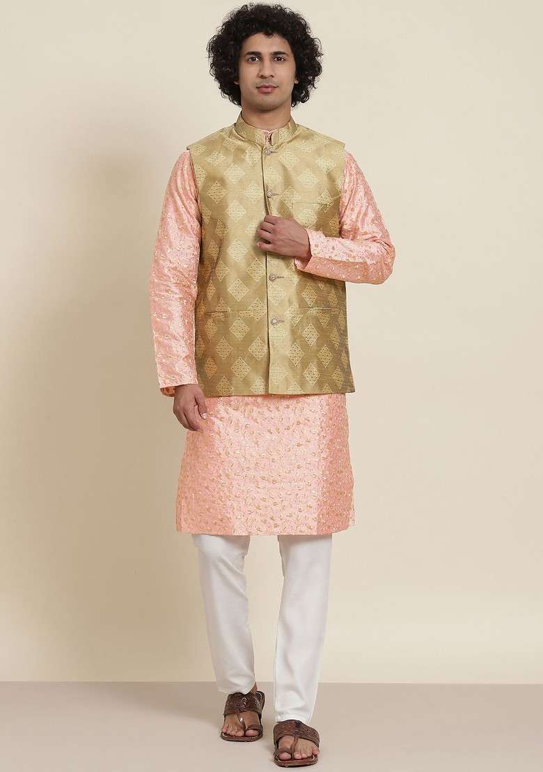 Peach Floral Print Poly Blend Kurta Set For Men - Indya