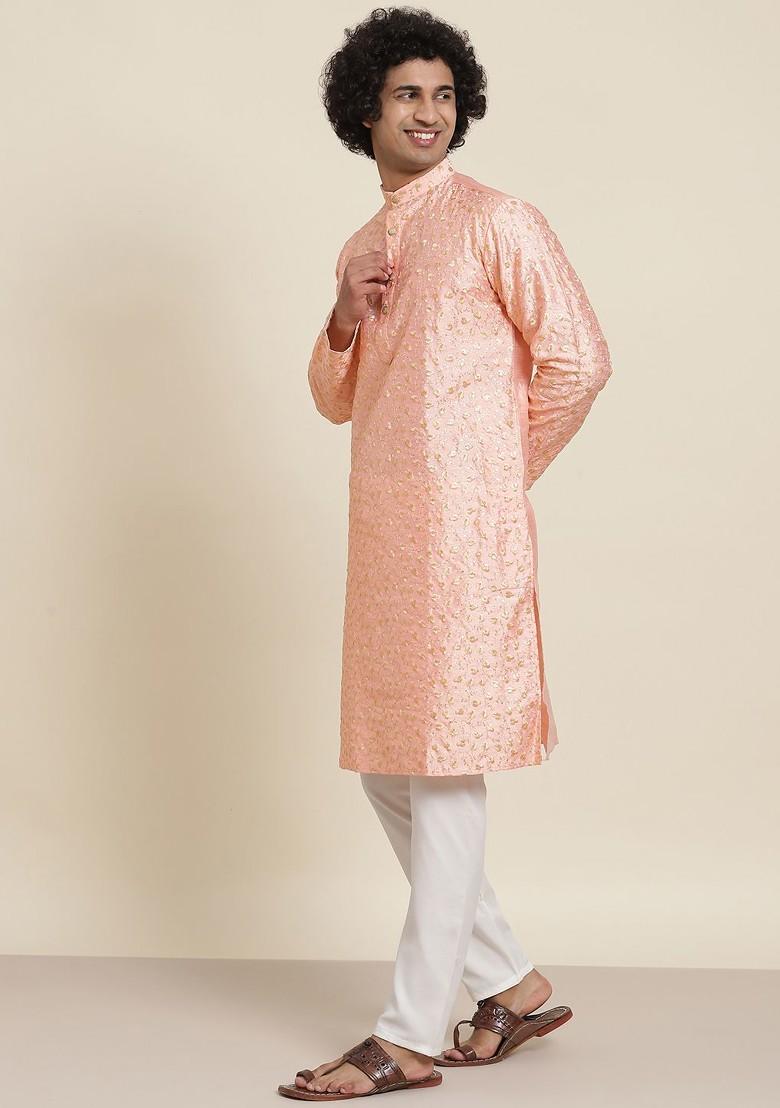 Peach Floral Print Poly Blend Kurta Set For Men