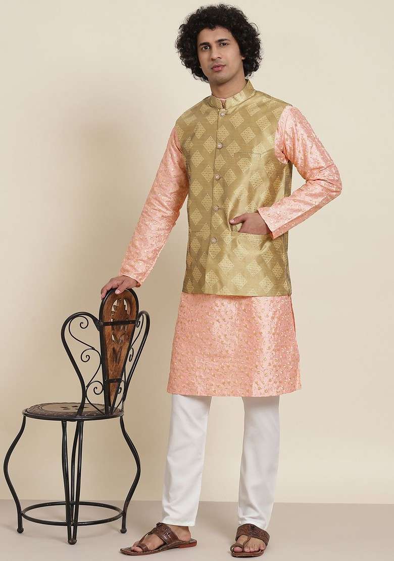 Peach Floral Print Poly Blend Kurta Set For Men - Indya