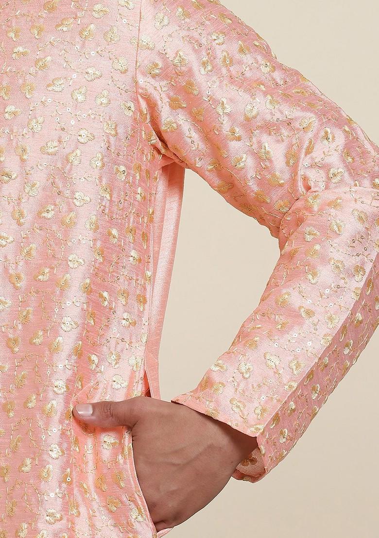 Peach Floral Print Poly Blend Kurta Set For Men