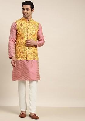 Pink Ethnic Motifs Poly Blend Kurta Set For Men