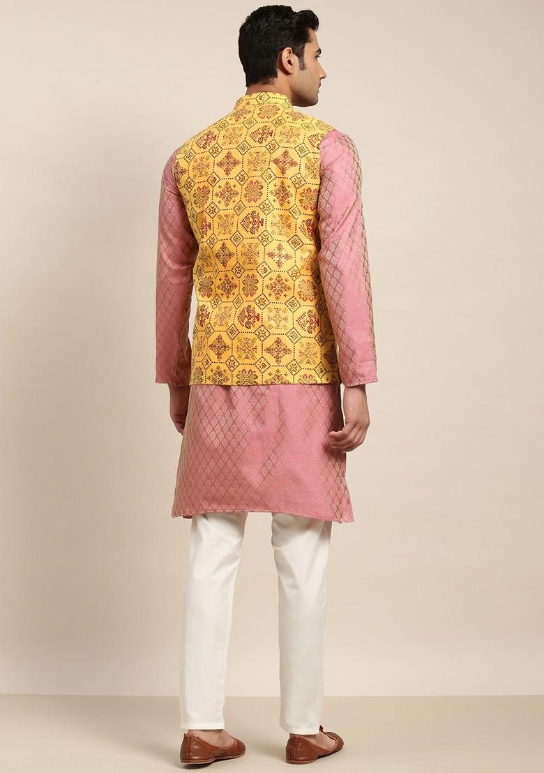 Pink Ethnic Motifs Poly Blend Kurta Set For Men
