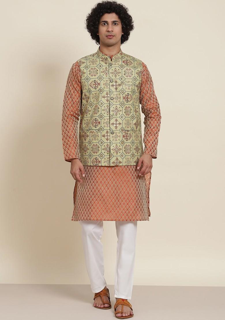 Orange Ethnic Motifs Poly Blend Kurta Set For Men