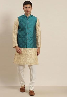 Beige Floral Print Poly Blend Kurta Set For Men
