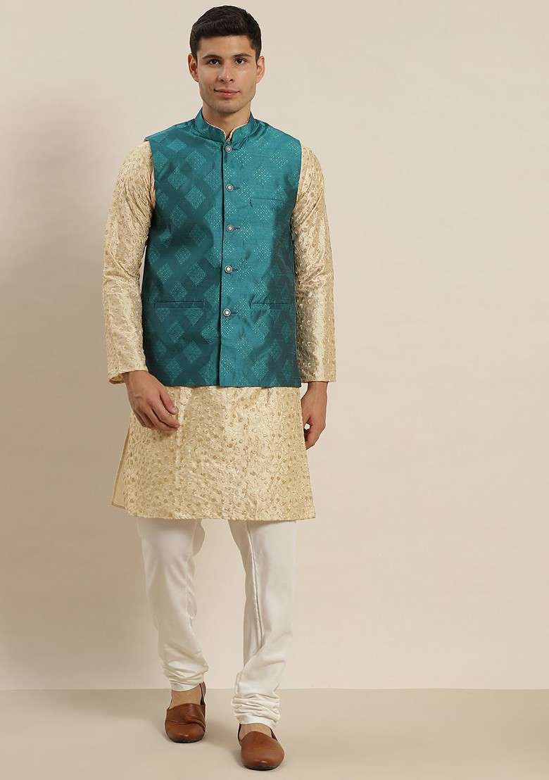 Beige Floral Print Poly Blend Kurta Set For Men - Indya