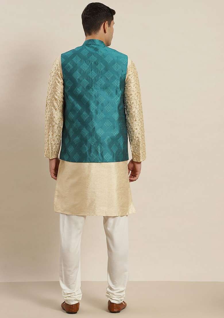 Beige Floral Print Poly Blend Kurta Set For Men - Indya