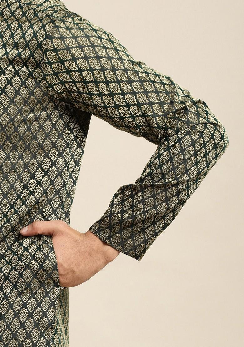 Green Ethnic Motifs Poly Blend Kurta Set For Men