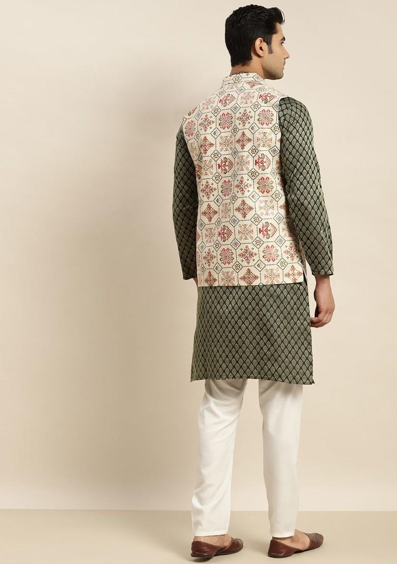 Green Ethnic Motifs Poly Blend Kurta Set For Men