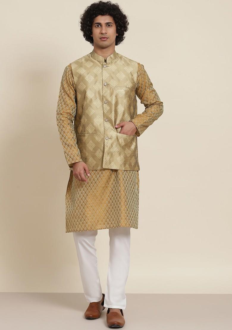 Mustard Ethnic Motifs Poly Blend Kurta Set For Men