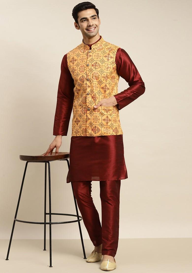 Maroon Solid Poly Blend Kurta Set For Men