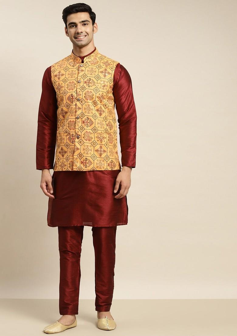 Maroon Solid Poly Blend Kurta Set For Men