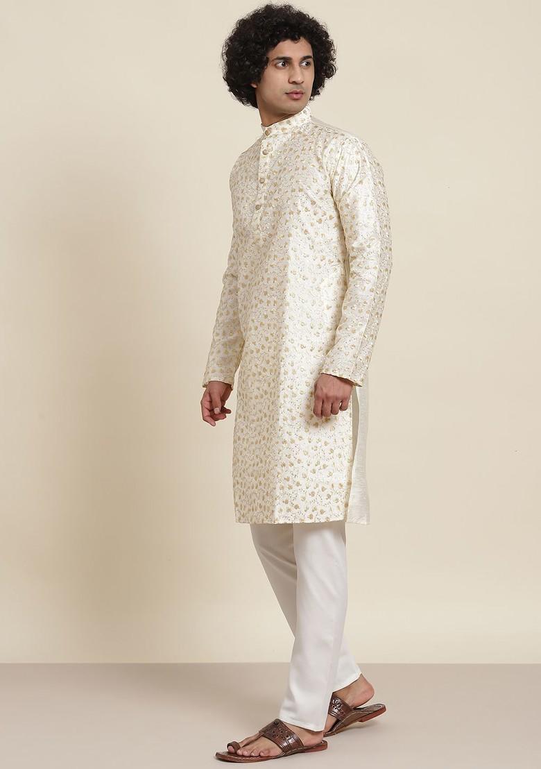 Off White Embroidered Poly Blend Kurta Set For Men