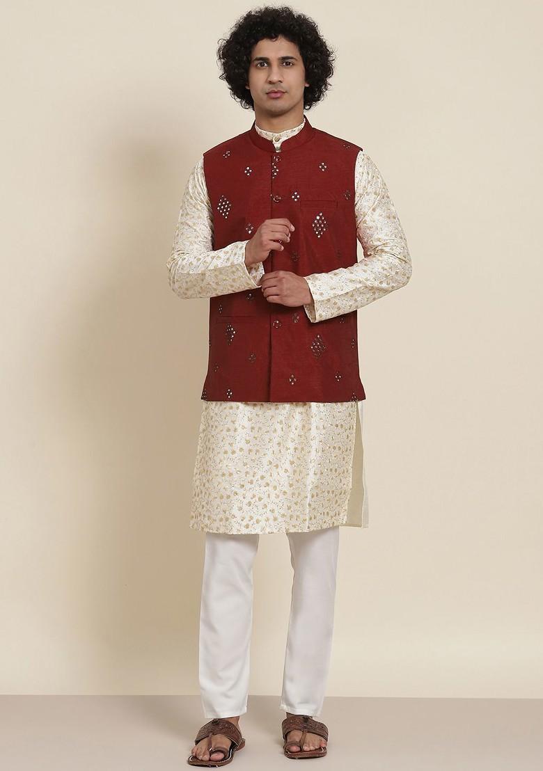 Off White Embroidered Poly Blend Kurta Set For Men