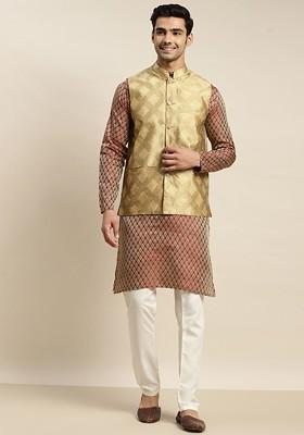 Maroon Ethnic Motifs Poly Blend Kurta Set For Men