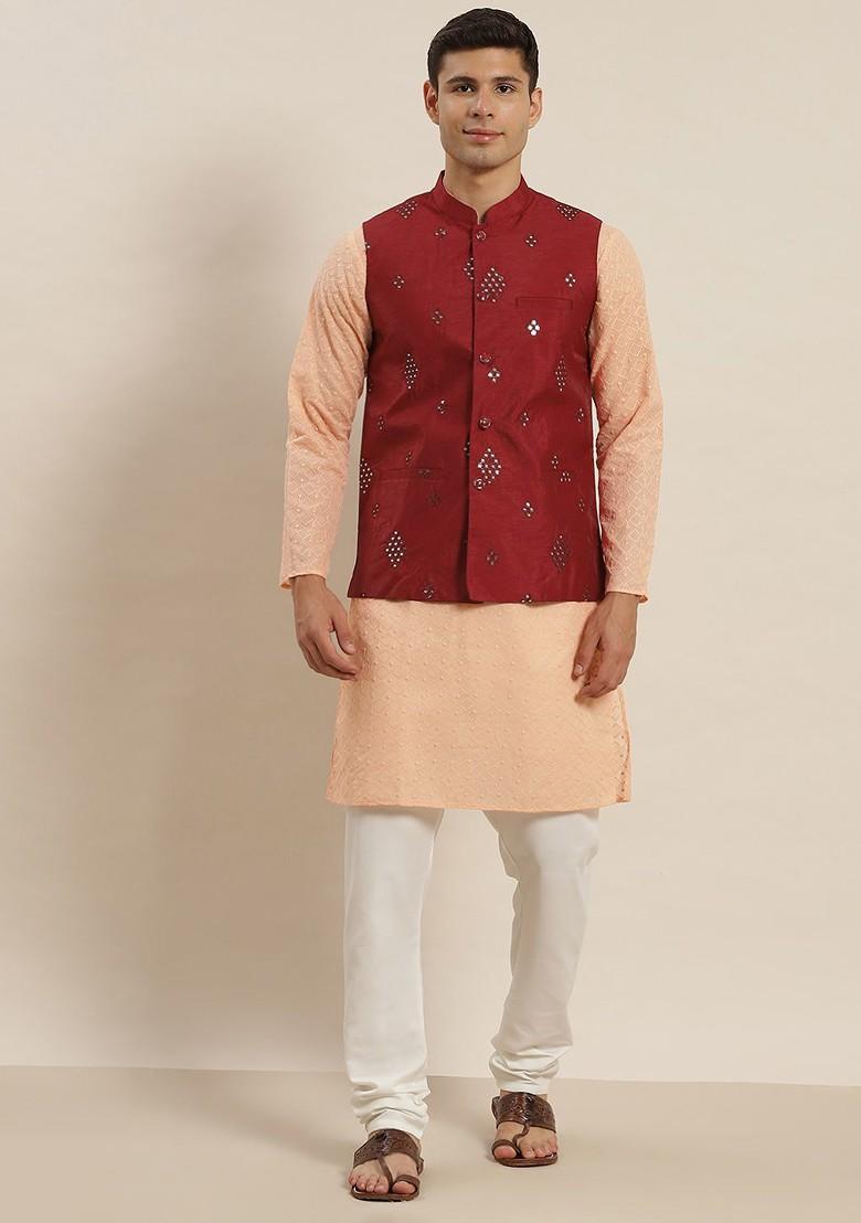 Peach Embroidered Cotton Kurta Set For Men