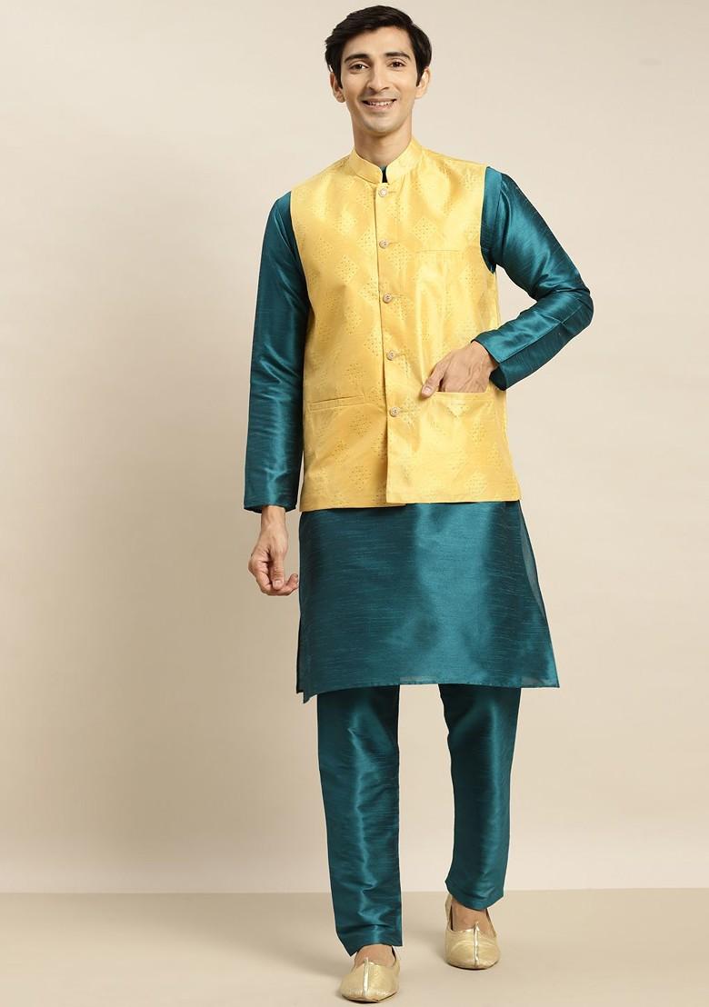 Green Solid Poly Blend Kurta Set For Men