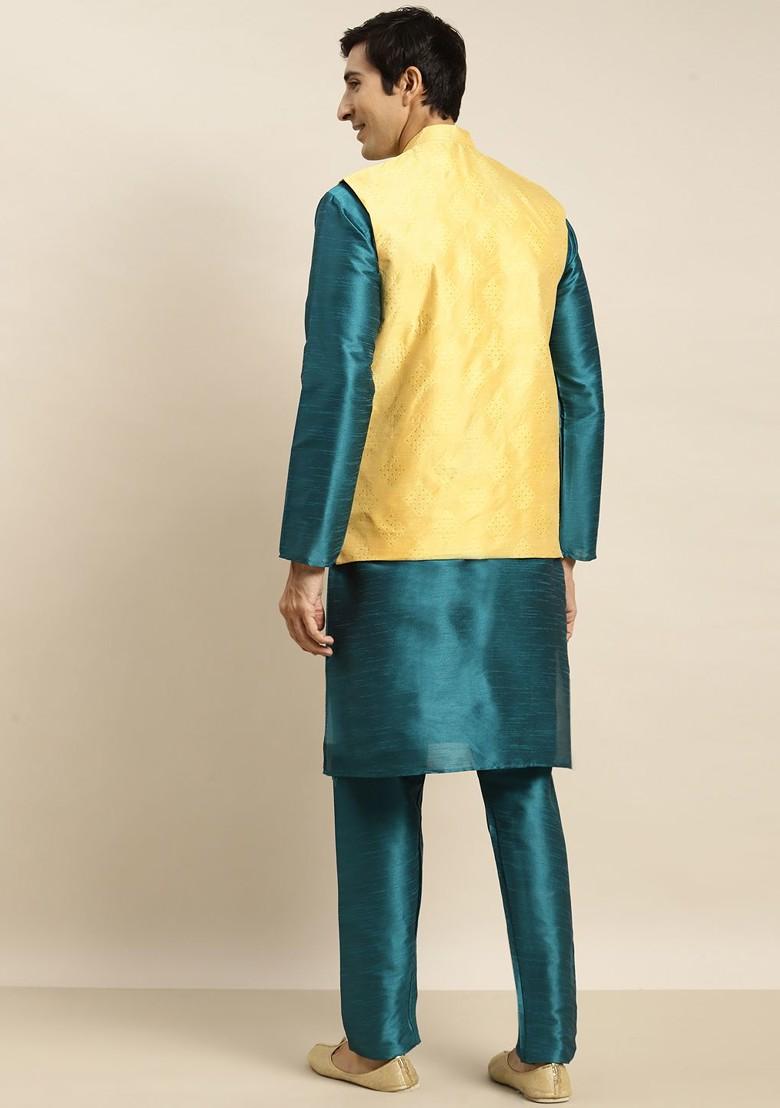 Green Solid Poly Blend Kurta Set For Men