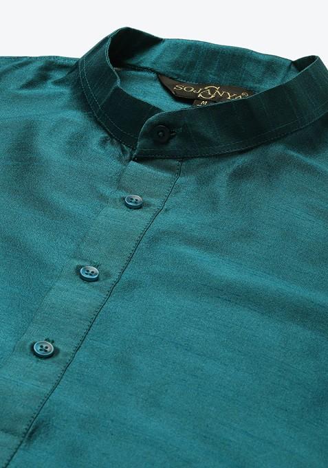 Green Solid Poly Blend Kurta Set For Men