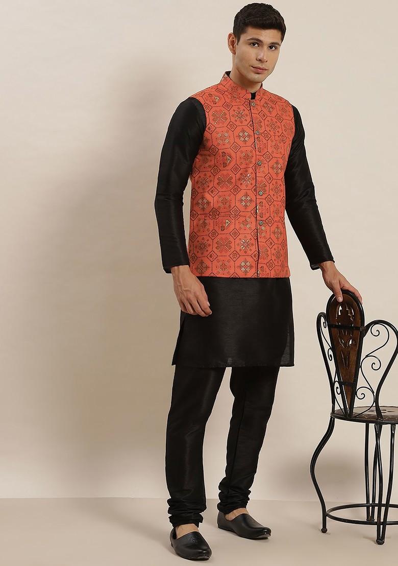 Black Solid Poly Blend Kurta Set For Men