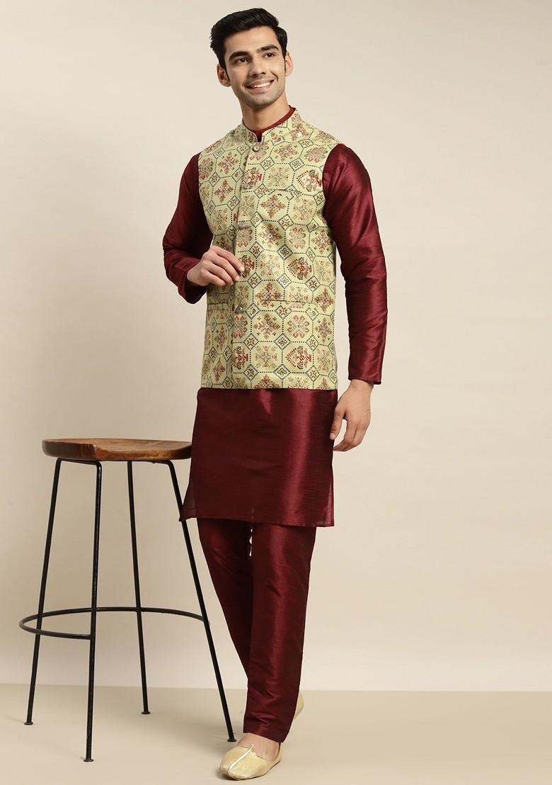 Maroon Solid Poly Blend Kurta Set For Men