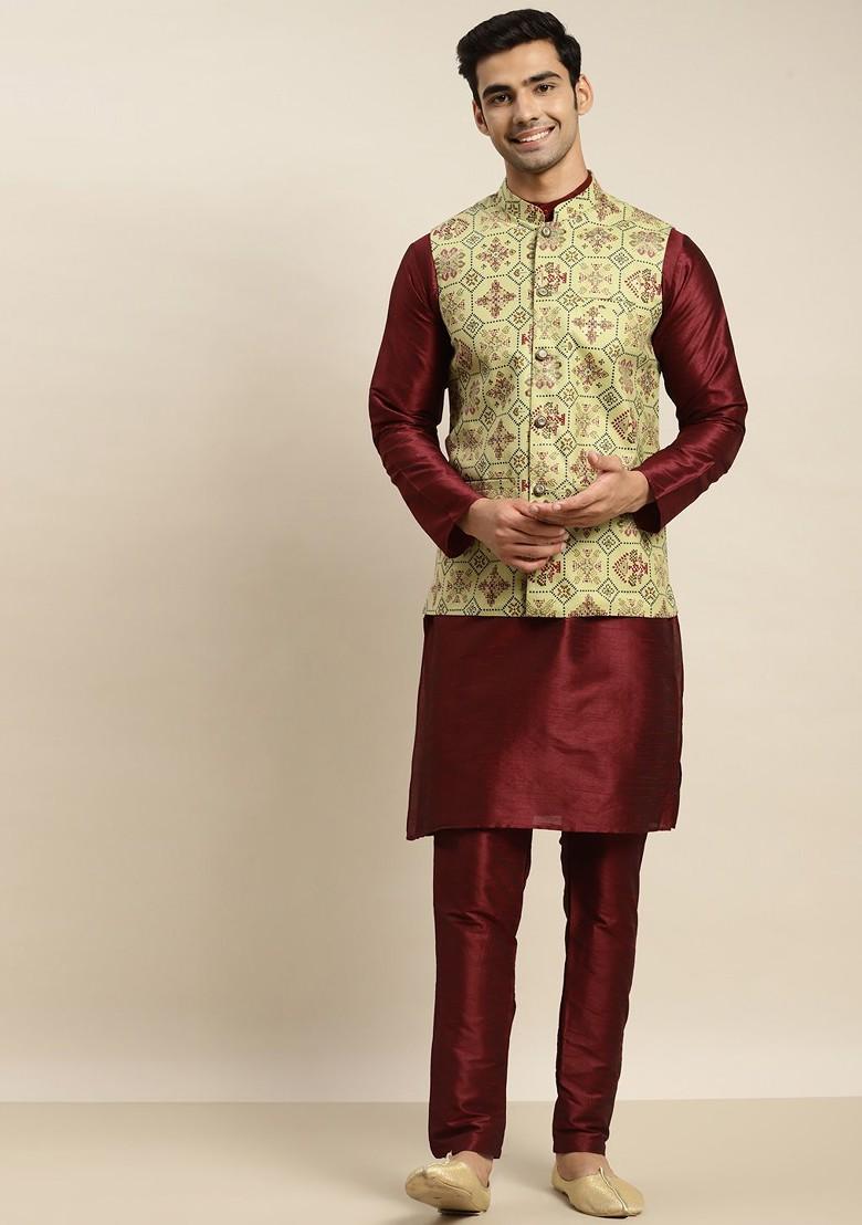 Maroon Solid Poly Blend Kurta Set For Men