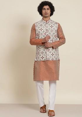 Orange Ethnic Motifs Poly Blend Kurta Set For Men
