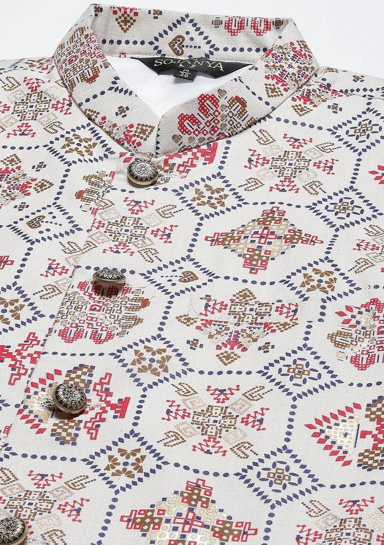 Orange Ethnic Motifs Poly Blend Kurta Set For Men